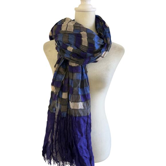 Banana Republic Scarf Silk Wool Purple Geometric OS Frey Hem Crinkled Soft Touch - Picture 3 of 8